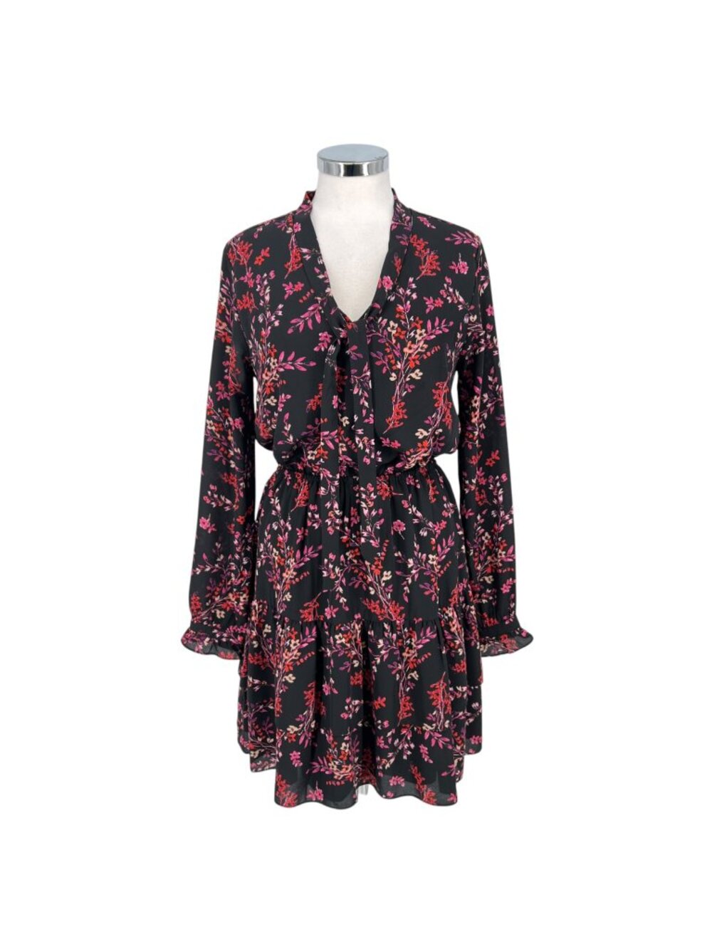 Nanette Lepore Dragonfruit Multi Black Floral Long Sleeve Tie Neck Dress Size 10